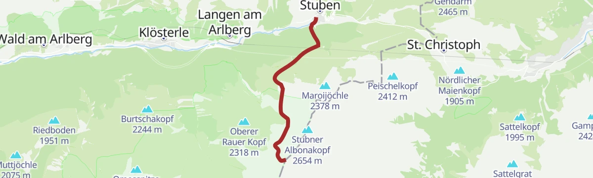 Route map: Stuben am Arlberg - Krachelspitze